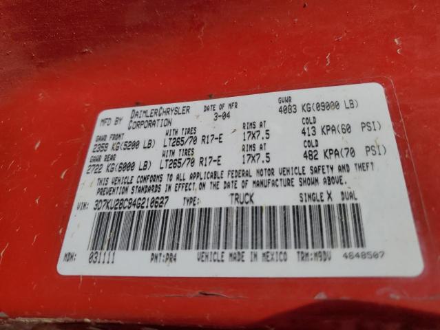 3D7KU28C94G210627 - 2004 DODGE RAM 2500 ST RED photo 12