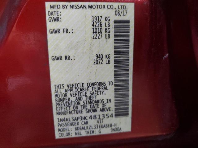 1N4AL3AP3HC481354 - 2017 NISSAN ALTIMA 2.5 红色 照片 12