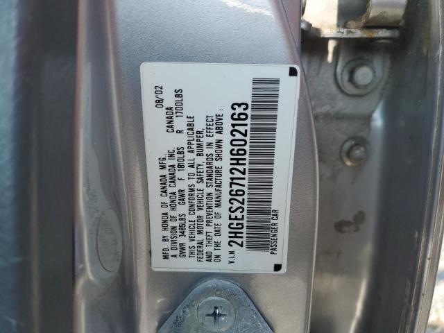 2HGES26712H602163 - 2002 HONDA CIVIC EX SILVER photo 12