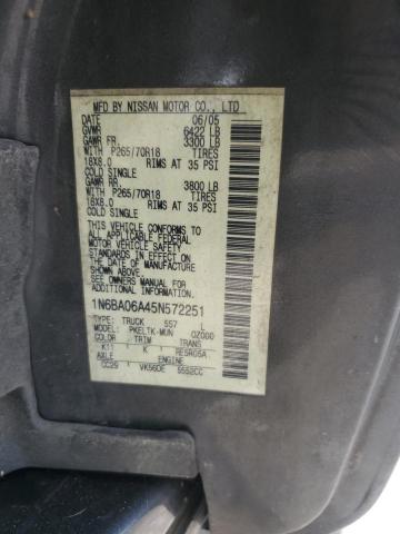 1N6BA06A45N572251 - 2005 NISSAN TITAN XE GRAY photo 12