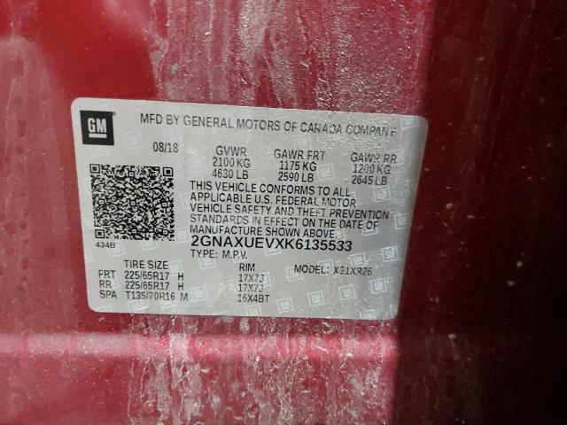 2GNAXUEVXK6135533 - 2019 CHEVROLET EQUINOX LT Qırmızı foto 13
