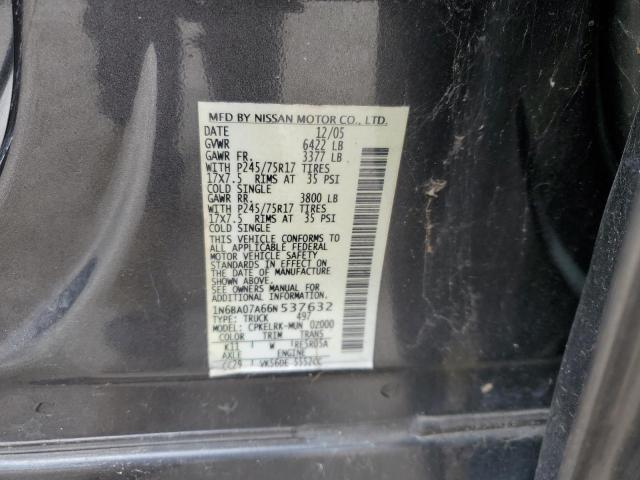 1N6BA07A66N537632 - 2006 NISSAN TITAN XE CHARCOAL photo 12