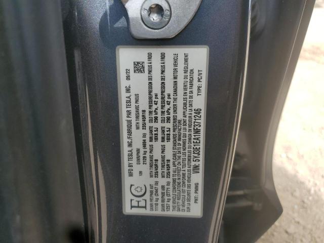 5YJ3E1EA1NF371246 - 2022 TESLA MODEL 3 Boz foto 12