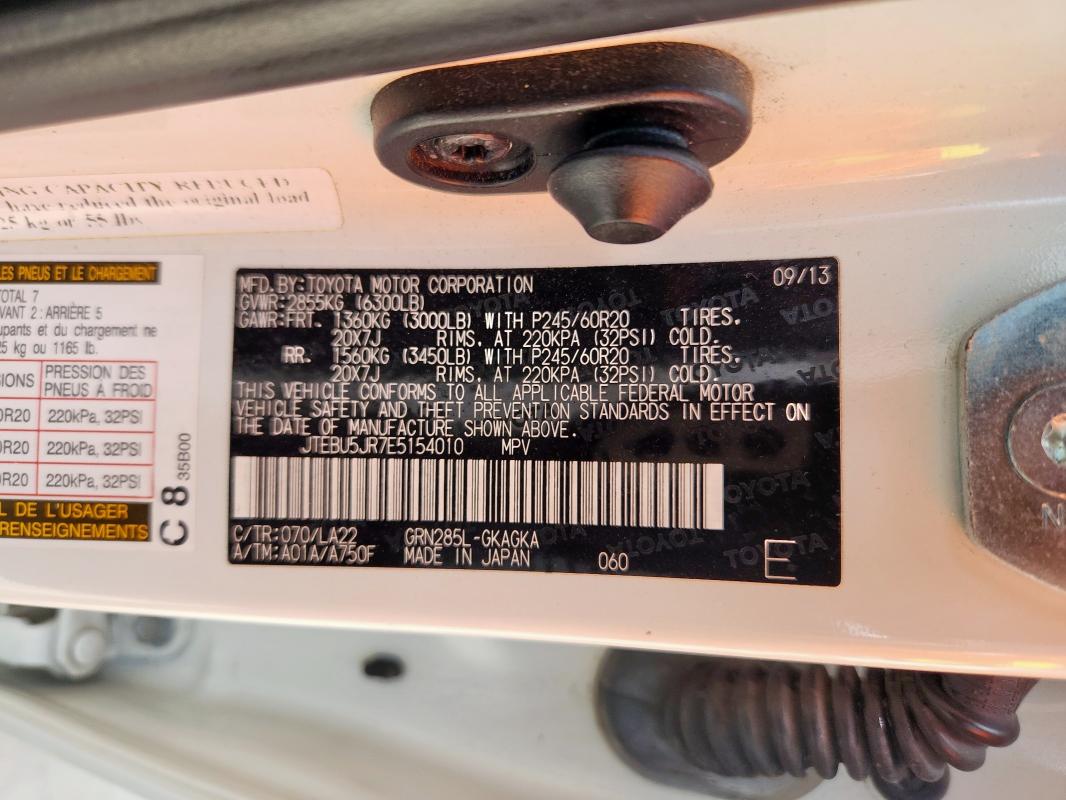 JTEBU5JR7E5154010 - 2014 TOYOTA 4RUNNER SR5 WHITE photo 14