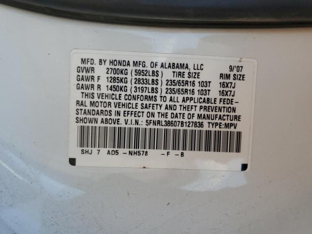 5FNRL38607B127836 - 2007 HONDA ODYSSEY EXL WHITE photo 13