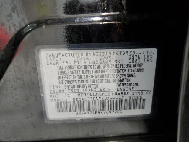 3N1AB7AP4KY247701 - 2019 NISSAN SENTRA S შავი ფოტო 12