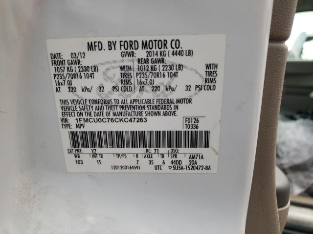 1FMCU0C76CKC47263 - 2012 FORD ESCAPE XLS WHITE photo 12