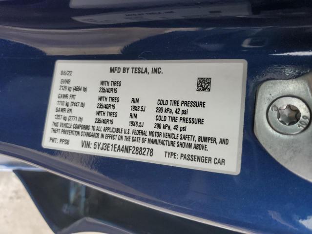 5YJ3E1EA4NF288278 - 2022 TESLA MODEL 3 BLUE photo 12