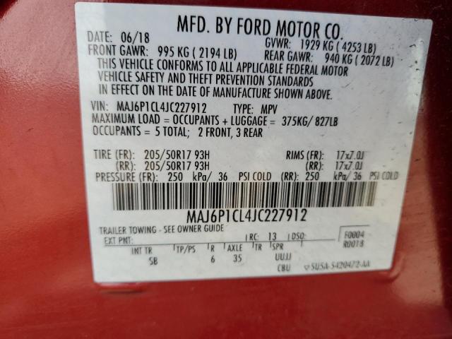 MAJ6P1CL4JC227912 - 2018 FORD ECOSPORT SES RED photo 13