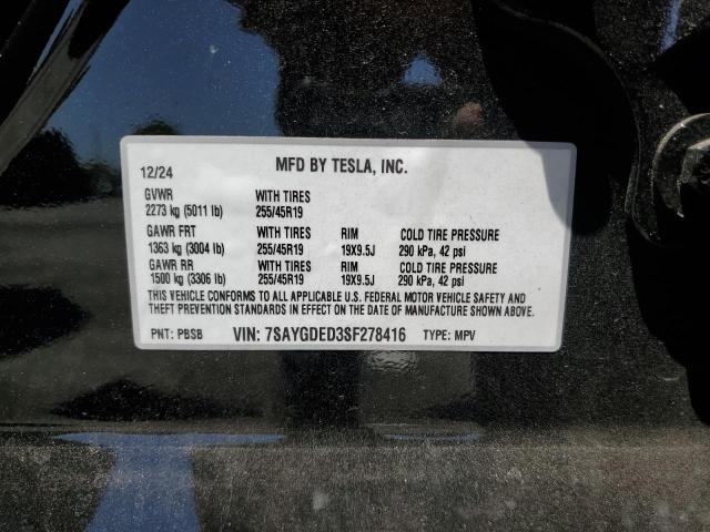 7SAYGDED3SF278416 - 2025 TESLA MODEL Y შავი ფოტო 12