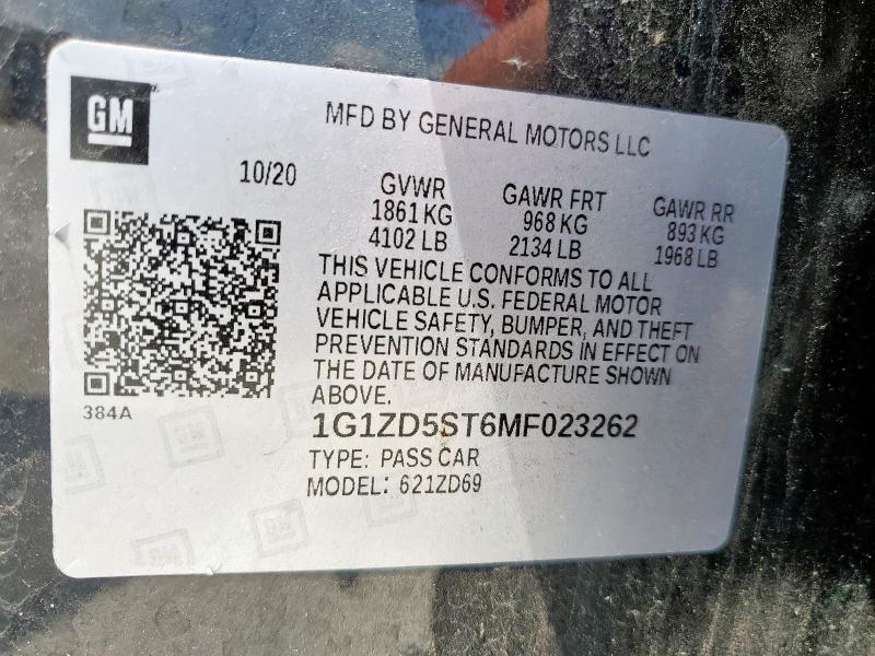 1G1ZD5ST6MF023262 - 2021 CHEVROLET MALIBU LT BLACK photo 12