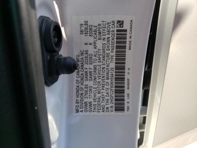 2HGFC2F80KH594129 - 2019 HONDA CIVIC SPORT WHITE photo 13