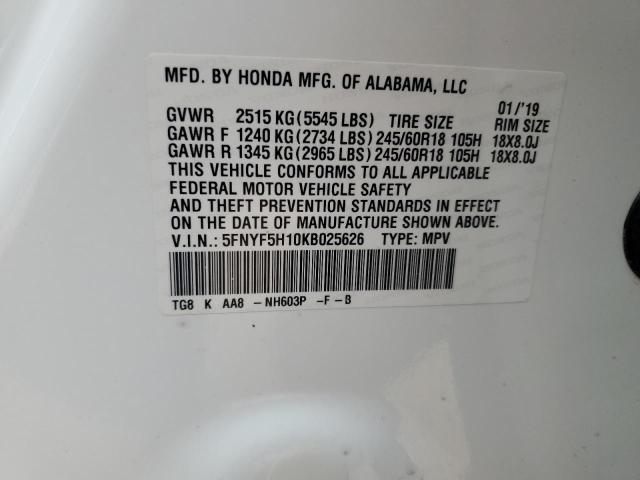 5FNYF5H10KB025626 - 2019 HONDA PILOT LX WHITE photo 13