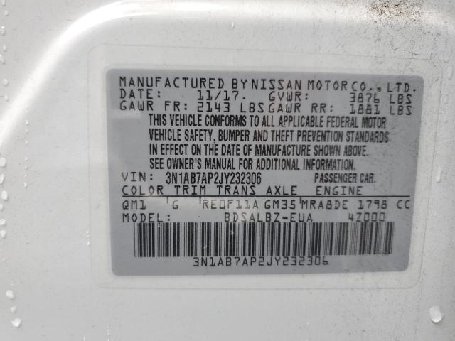 3N1AB7AP2JY232306 - 2018 NISSAN SENTRA S WHITE photo 12