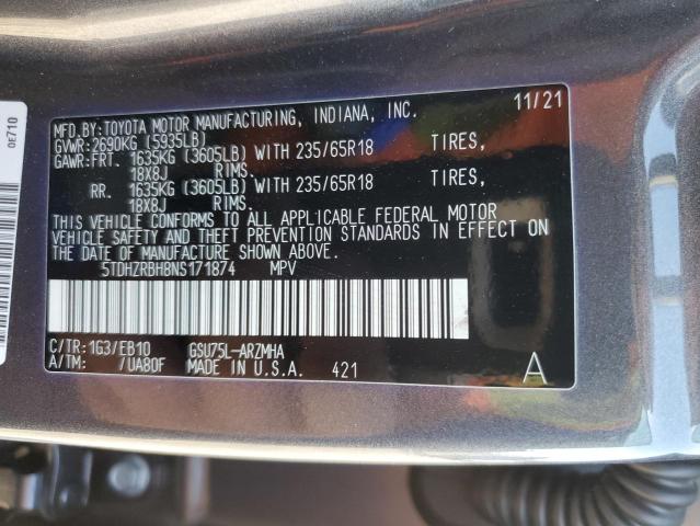 5TDHZRBH8NS171874 - 2022 TOYOTA HIGHLANDER XLE Մոխրագույն լուսանկար 12