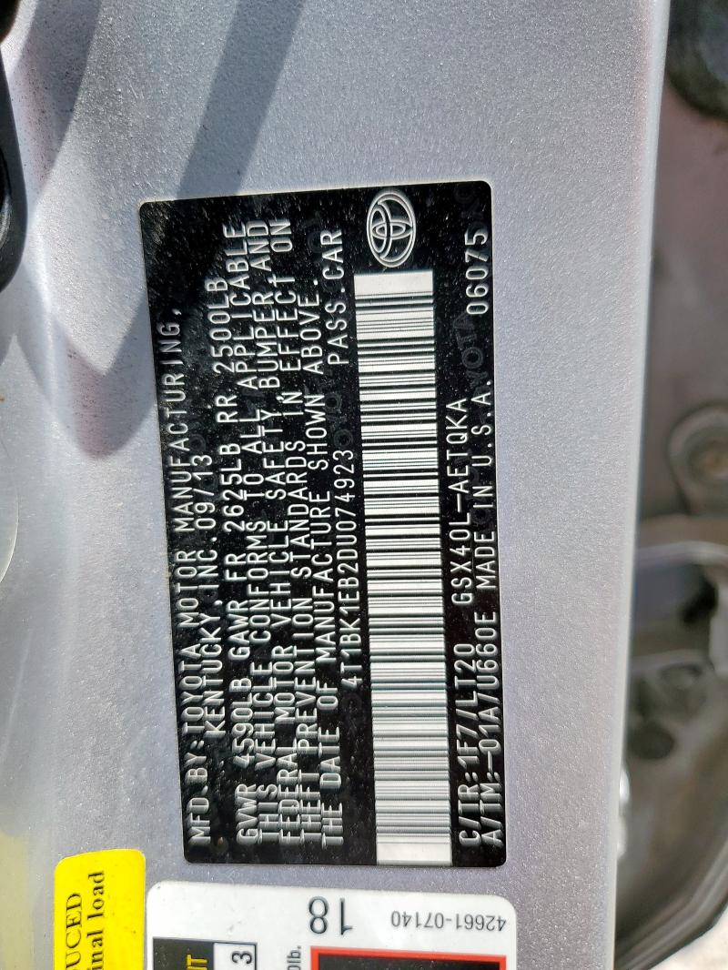 4T1BK1EB2DU074923 - 2013 TOYOTA AVALON BASE SILVER photo 12