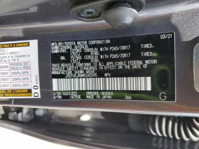 JTEFU5JR8M5242595 - 2021 TOYOTA 4RUNNER SR5 GRAY photo 13