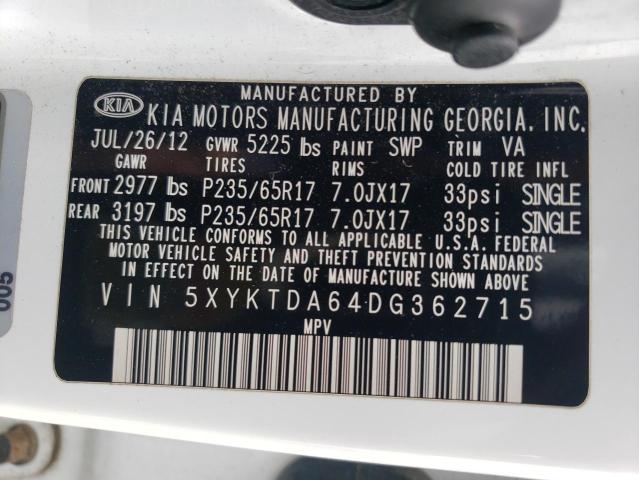 5XYKTDA64DG362715 - 2013 KIA SORENTO LX WHITE photo 13