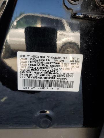 5FNYF3H5XFB002304 - 2015 HONDA PILOT EXL BLACK photo 12