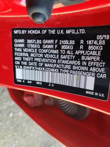 SHHFK7H4XKU224643 - 2019 HONDA CIVIC SPORT 红色 照片 12