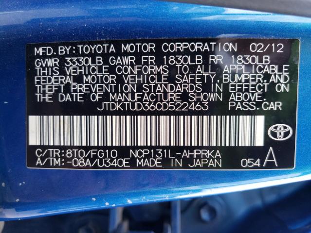 JTDKTUD36CD522463 - 2012 TOYOTA YARIS BLUE photo 12