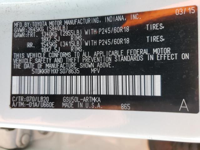 5TDKKRFHXFS078635 - 2015 TOYOTA HIGHLANDER XLE WHITE photo 14