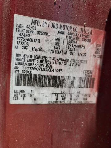 1FTRW07L52KE41085 - 2002 FORD F150 SUPERCREW RED photo 13