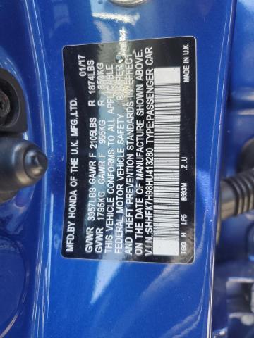 SHHFK7H98HU413280 - 2017 HONDA CIVIC SPORT TOURING BLUE photo 12