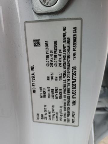 5YJ3E1EB7LF735708 - 2020 TESLA MODEL 3 WHITE photo 12