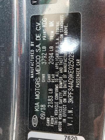 3KPF34AD9KE025029 - 2019 KIA FORTE GT LINE CHARCOAL photo 12