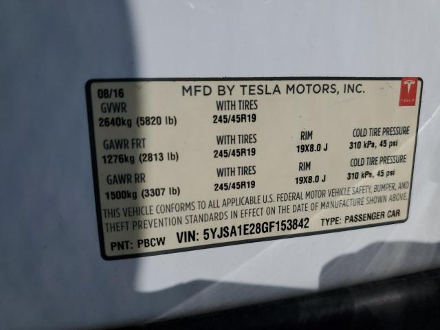 5YJSA1E28GF153842 - 2016 TESLA MODEL S თეთრი ფოტო 12