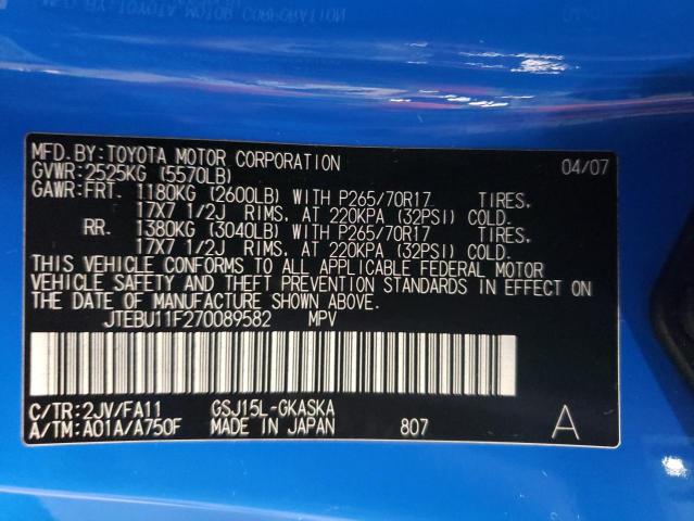 JTEBU11F270089582 - 2007 TOYOTA FJ CRUISER BLUE photo 12