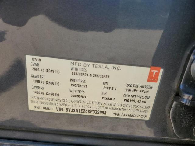 5YJSA1E24KF333988 - 2019 TESLA MODEL S Մոխրագույն լուսանկար 13