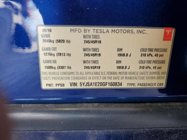 5YJSA1E20GF160834 - 2016 TESLA MODEL S 蓝色 照片 12