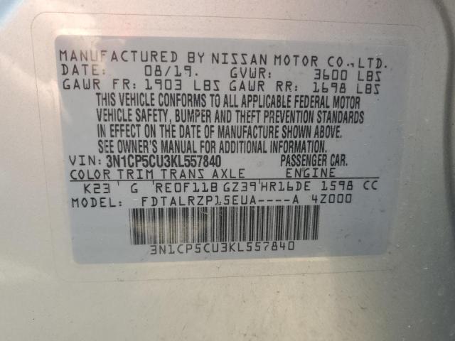 3N1CP5CU3KL557840 - 2019 NISSAN KICKS S SILVER photo 13