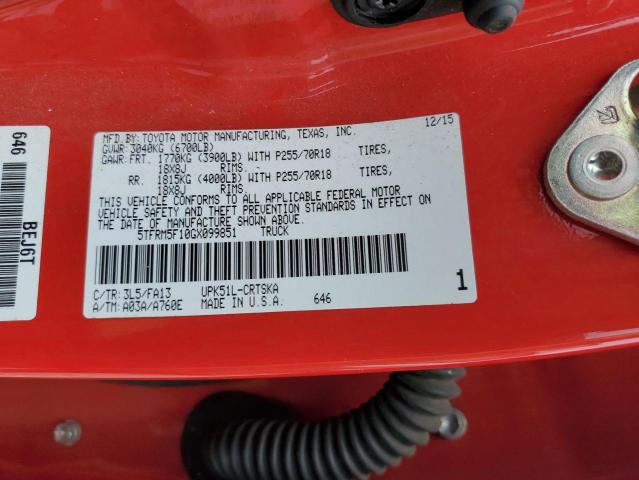 5TFRM5F10GX099851 - 2016 TOYOTA TUNDRA DOUBLE CAB SR/SR5 RED photo 12