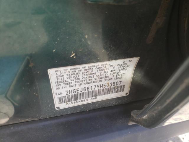 2HGEJ6617YH503507 - 2000 HONDA CIVIC BASE GREEN photo 10