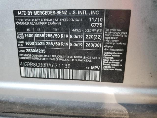 4JGBB8GB8BA671188 - 2011 MERCEDES-BENZ ML 350 4MATIC SILVER photo 12