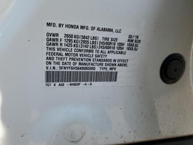 5FNYF6H56KB065993 - 2019 HONDA PILOT EXL WHITE photo 13