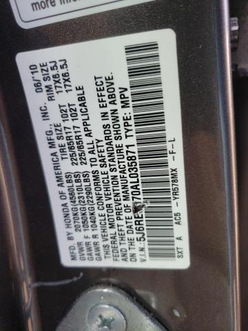 5J6RE3H70AL035871 - 2010 HONDA CR-V EXL GRAY photo 13