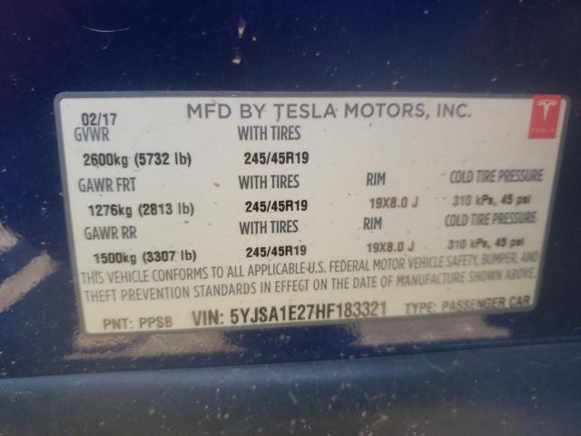 5YJSA1E27HF183321 - 2017 TESLA MODEL S 蓝色 照片 12