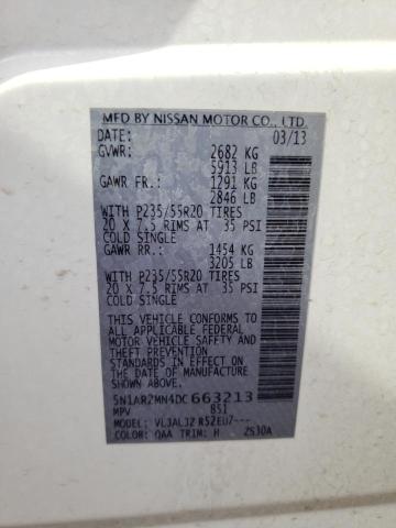 5N1AR2MN4DC663213 - 2013 NISSAN PATHFINDER S WHITE photo 12
