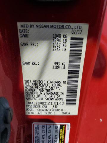 1N4AL2EP0CC215142 - 2012 NISSAN ALTIMA S RED photo 12