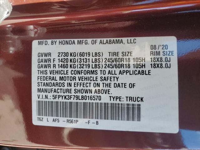 5FPYK3F79LB016570 - 2020 HONDA RIDGELINE RTL MAROON photo 13