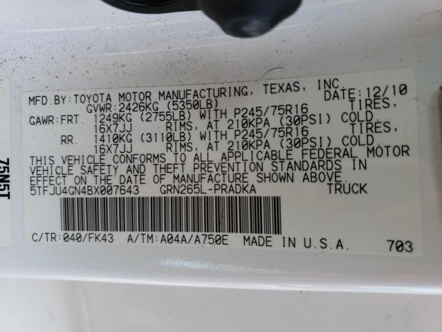 5TFJU4GN4BX007643 - 2011 TOYOTA TACOMA DOUBLE CAB PRERUNNER WHITE photo 13