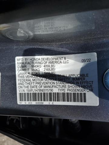 19XFL1H78NE015790 - 2022 HONDA CIVIC EXL ვერცხლისფერი ფოტო 12