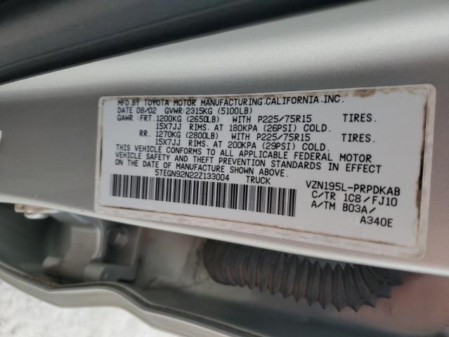 5TEGN92N22Z133004 - 2002 TOYOTA TACOMA DOUBLE CAB PRERUNNER SILVER photo 12