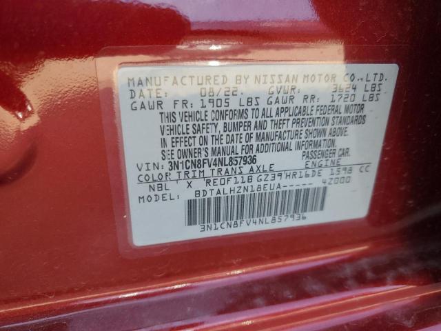 3N1CN8FV4NL857936 - 2022 NISSAN VERSA SR RED photo 13