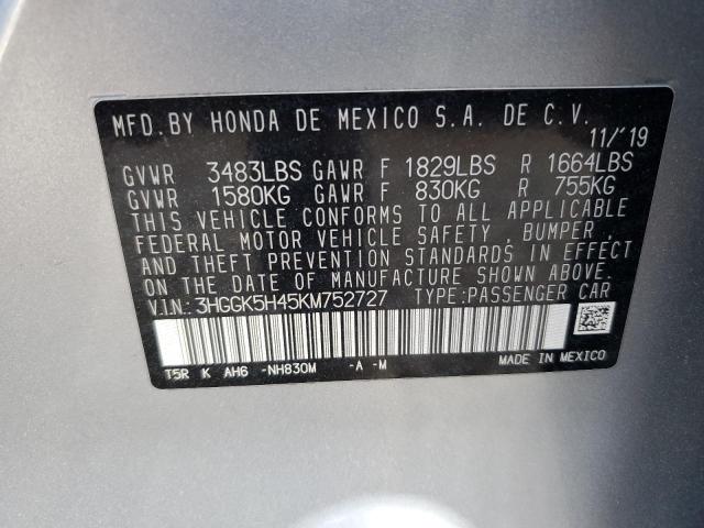 3HGGK5H45KM752727 - 2019 HONDA FIT LX ვერცხლისფერი ფოტო 12