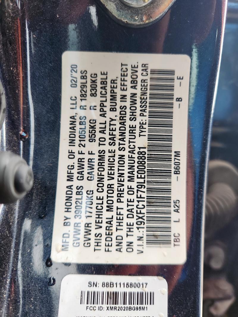 19XFC1F79LE008881 - 2020 HONDA CIVIC EXL Mavi fotoğraf 12